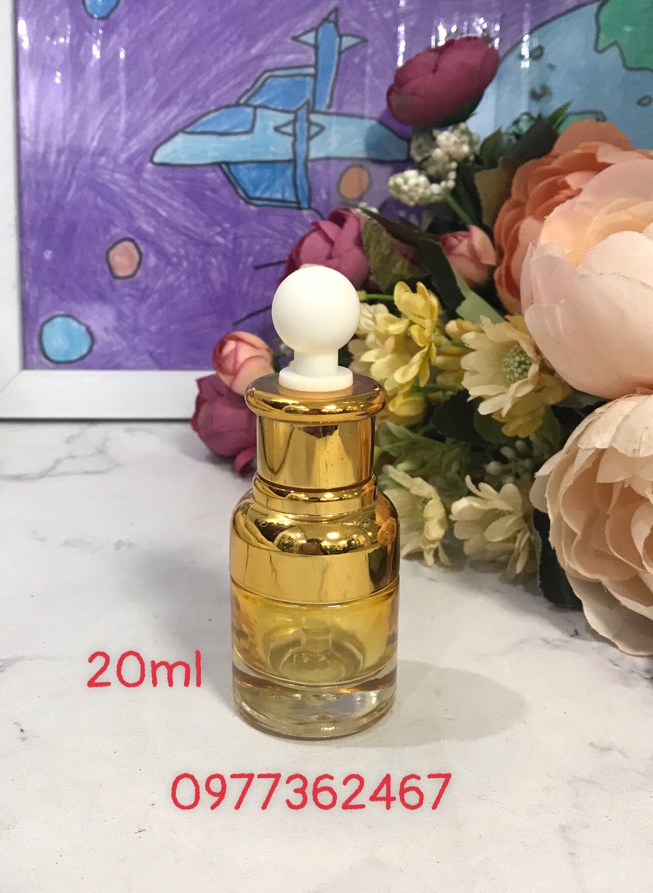 ( COMBO 5 ) VỎ CHAI CHIẾT dùng đựng serum CHAI THỦY TINH TRỤ 20ML trong/ vàng thôi ĐẦU BÓP VÀNG