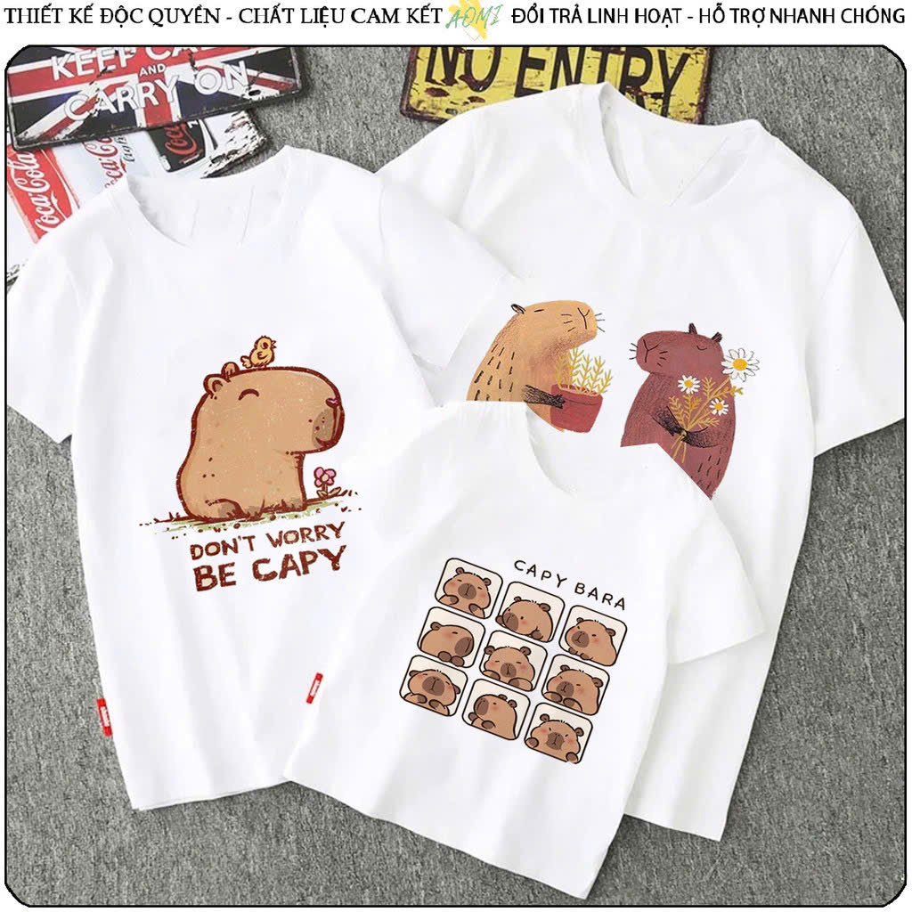 [HCM]áo thun trắng cotton 100% in hình CAPYBARA  siêu dễ thương - áo thun gia đình giá rẻ  ( size 5-90kg)