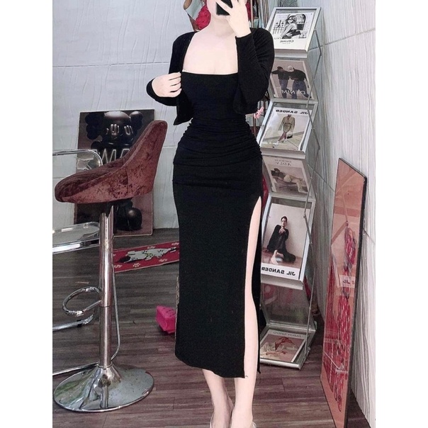 Sét áo khoác + đầm body dây xẻ đùi from dài