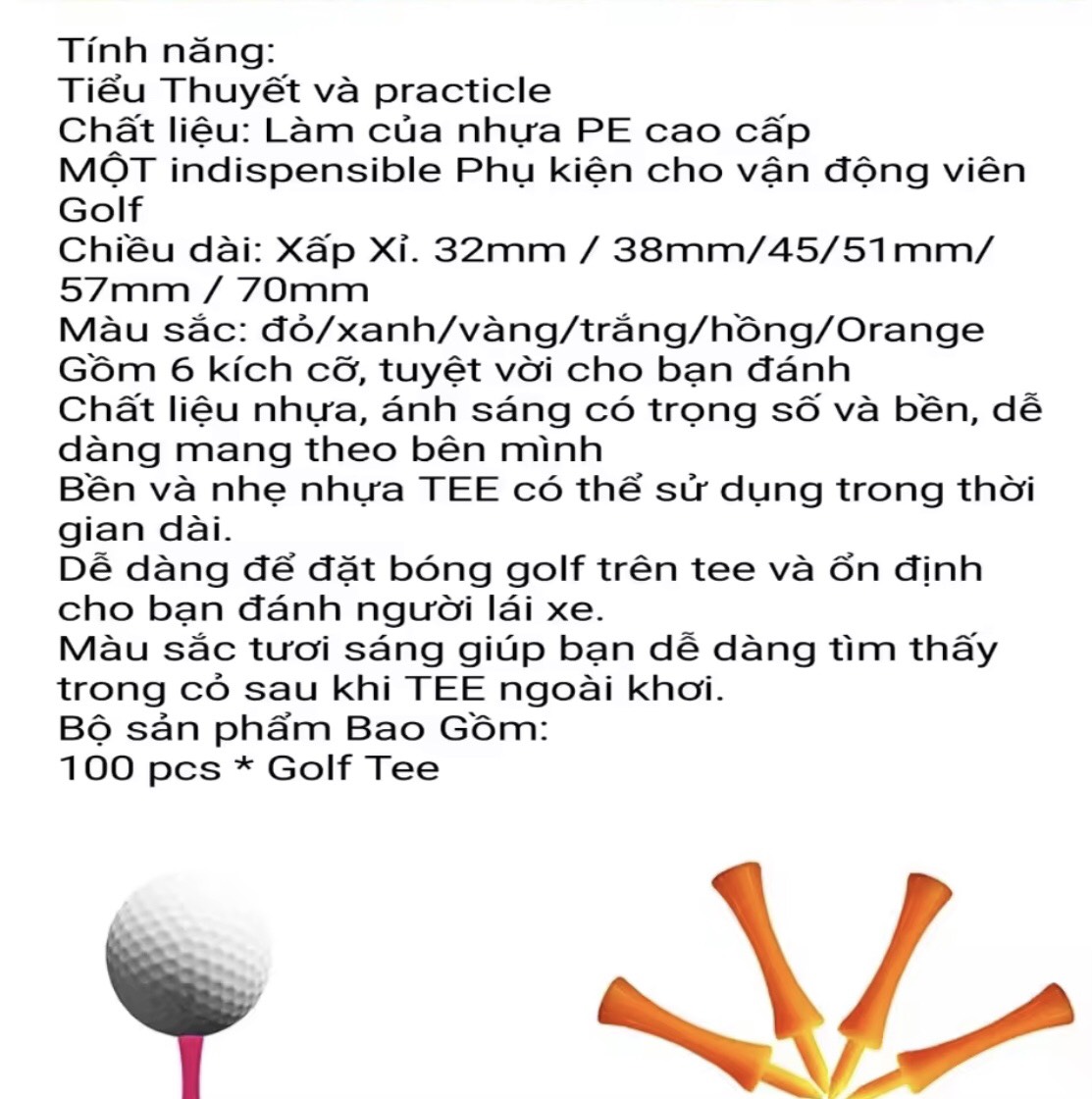Tee Golf Nhựa, Trụ Đặt Bóng Golf (Gói 10 Cái)
