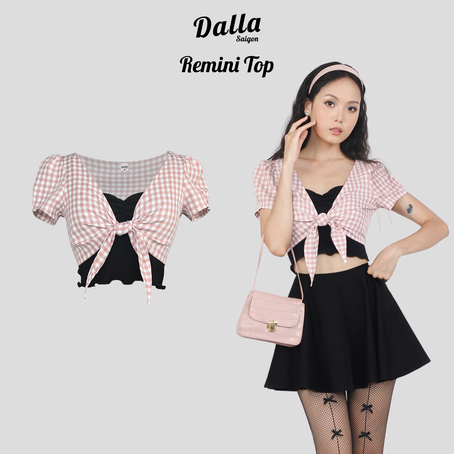 DALLA Áo croptop cột nơ caro (AC01)