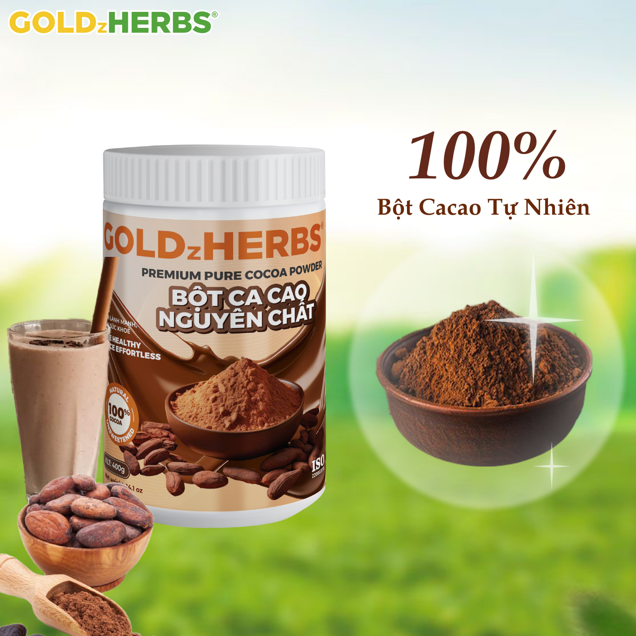 Bột cacao nguyên chất GoldzHerbs – 100% từ ca cao tự nhiên – Túi 500g
