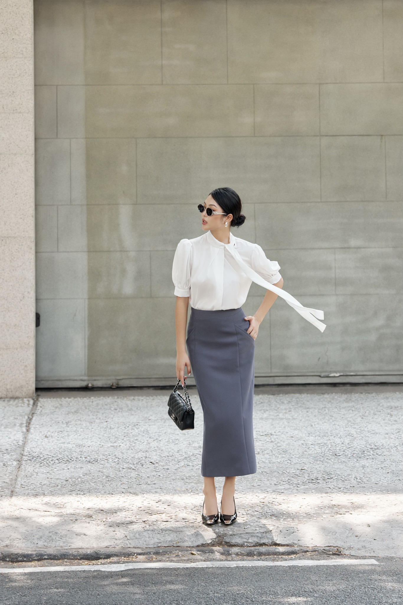 Áo sơ mi lụa trắng tinh cổ nơ HUONG BOUTIQUE BSSM38
