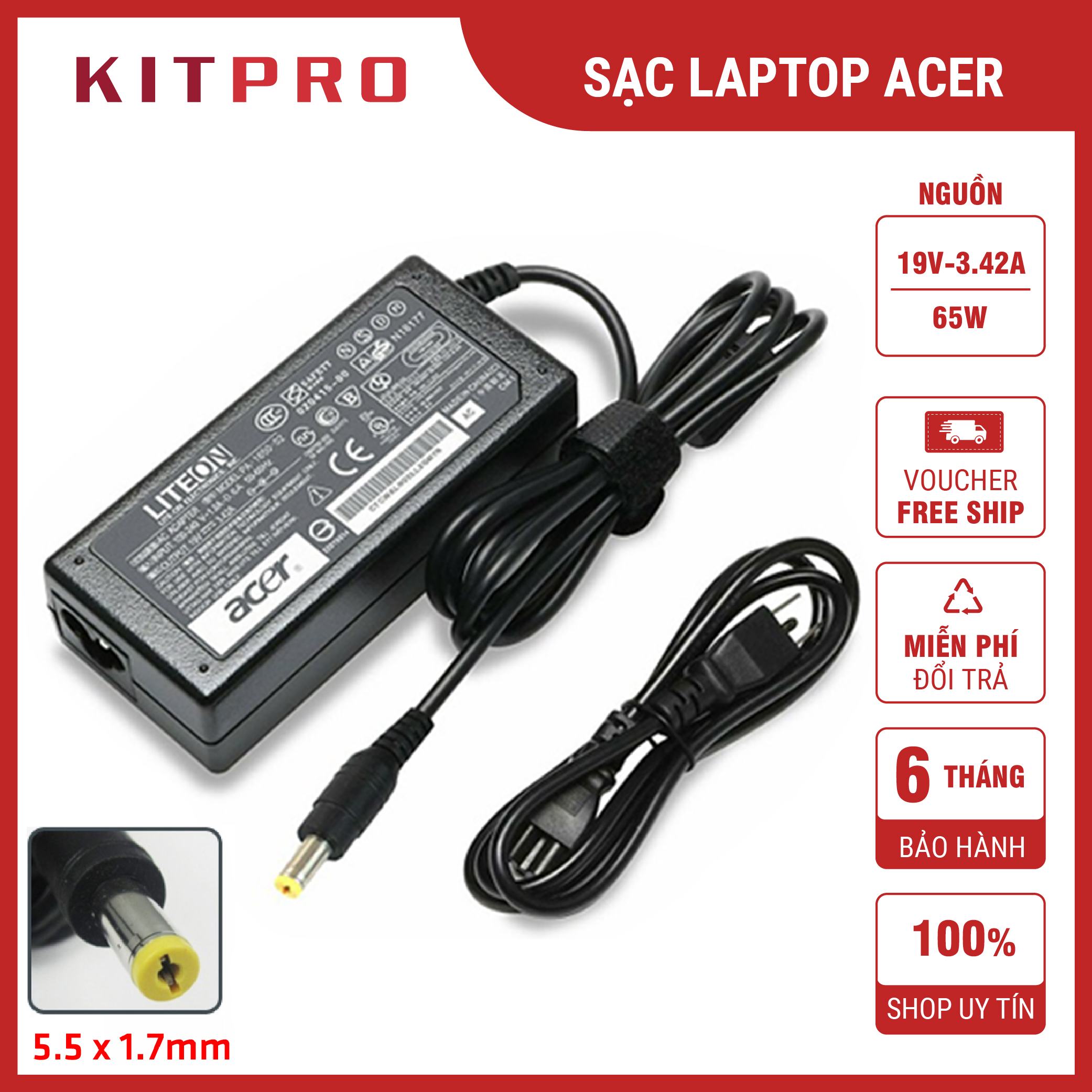 Sạc laptop Acer 19V 3.42A 4.74A 2.37A dây sạc máy tính Acer Aspire Travelmate chuôi cắm 5.5 x 1.7mm nguồn 45w 65w 90w ship hỏa tốc KITPRO
