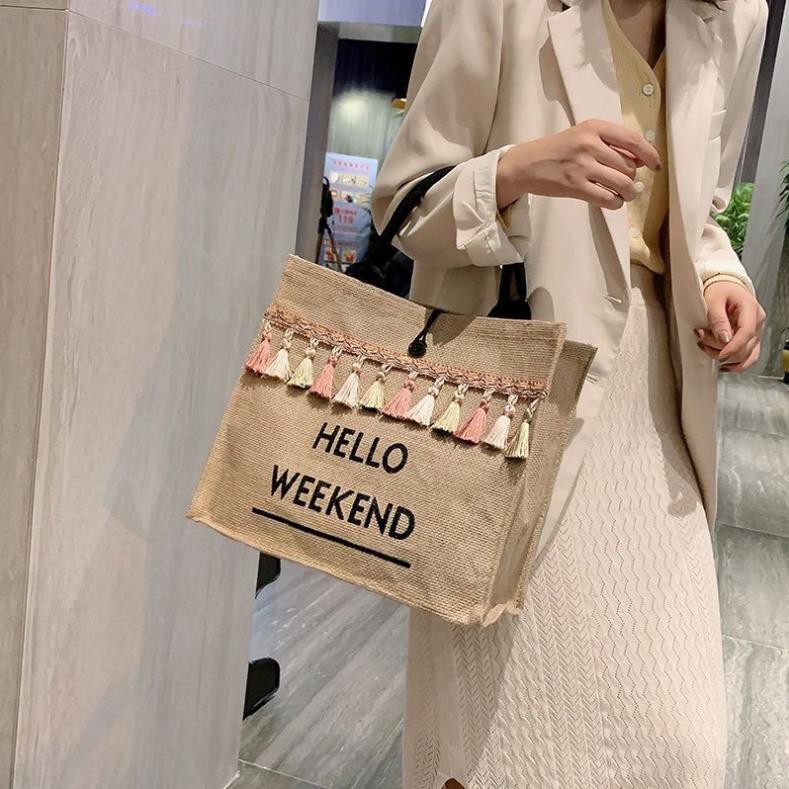 Túi cói hello weekend hàng đẹp dày dặn
