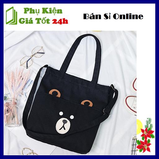[HCM]Túi đeo Chéo Nữ Họa Tiết Chú Gấu 01 Đen - Xám - Túi Vải Bố Thời Trang Cá Tính
