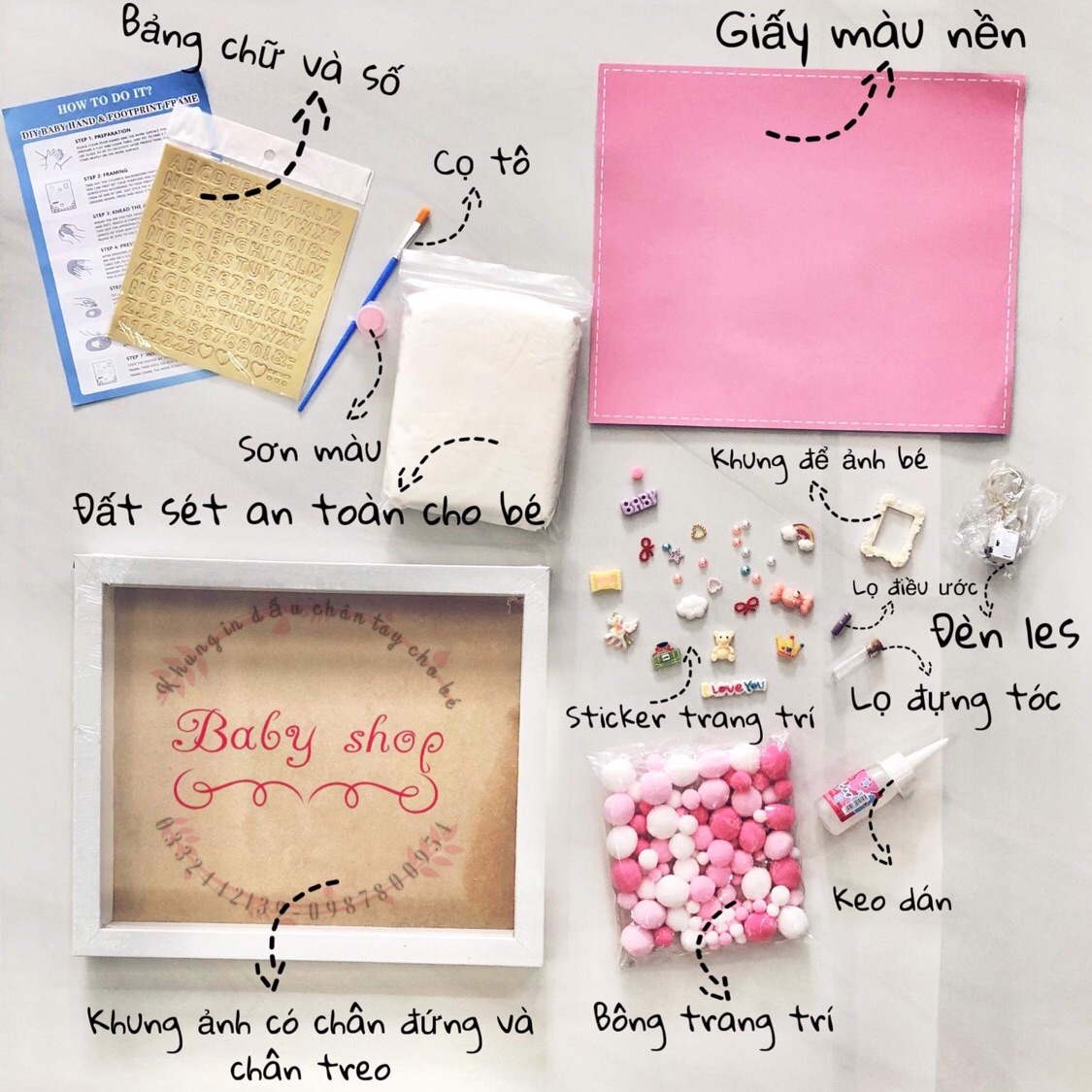 ( In ảnh inbox shop) Size 20x25cm Khung tranh in dấu chân tay