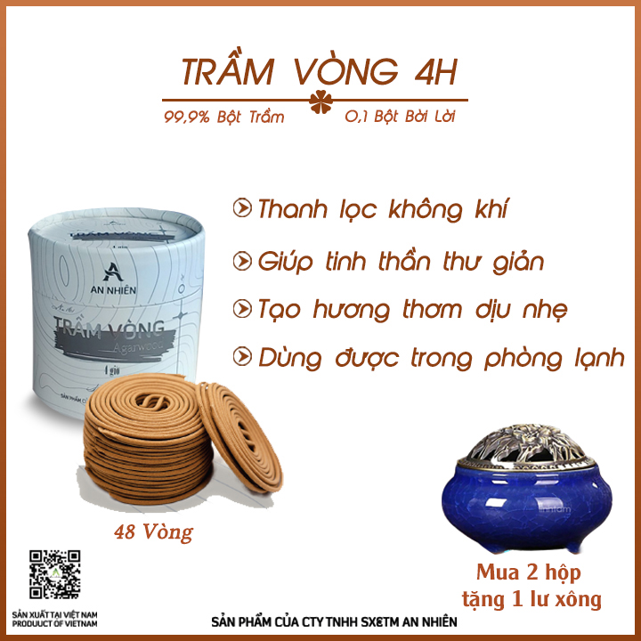 Nhang trầm vòng 4h - trầm hương thơm phòng - tặng lư xông