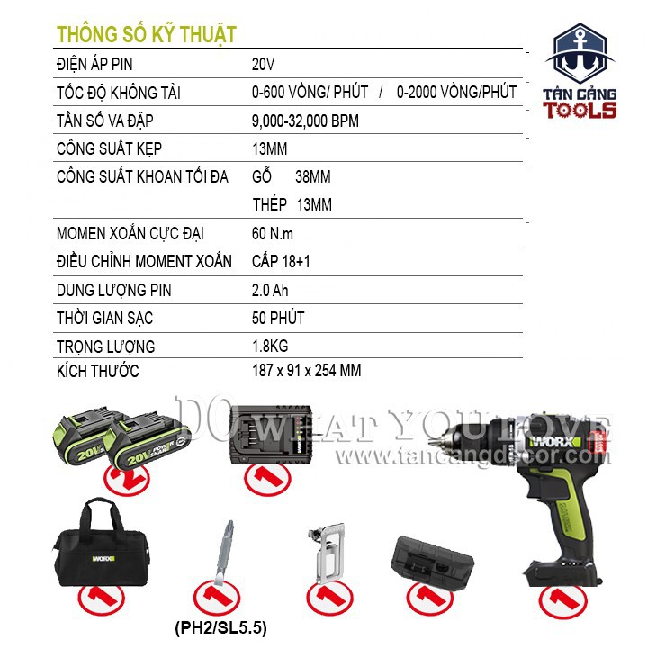 [Trả góp 0%] Máy Khoan Vặn Vít Dùng Pin 20V Worx WU185.1