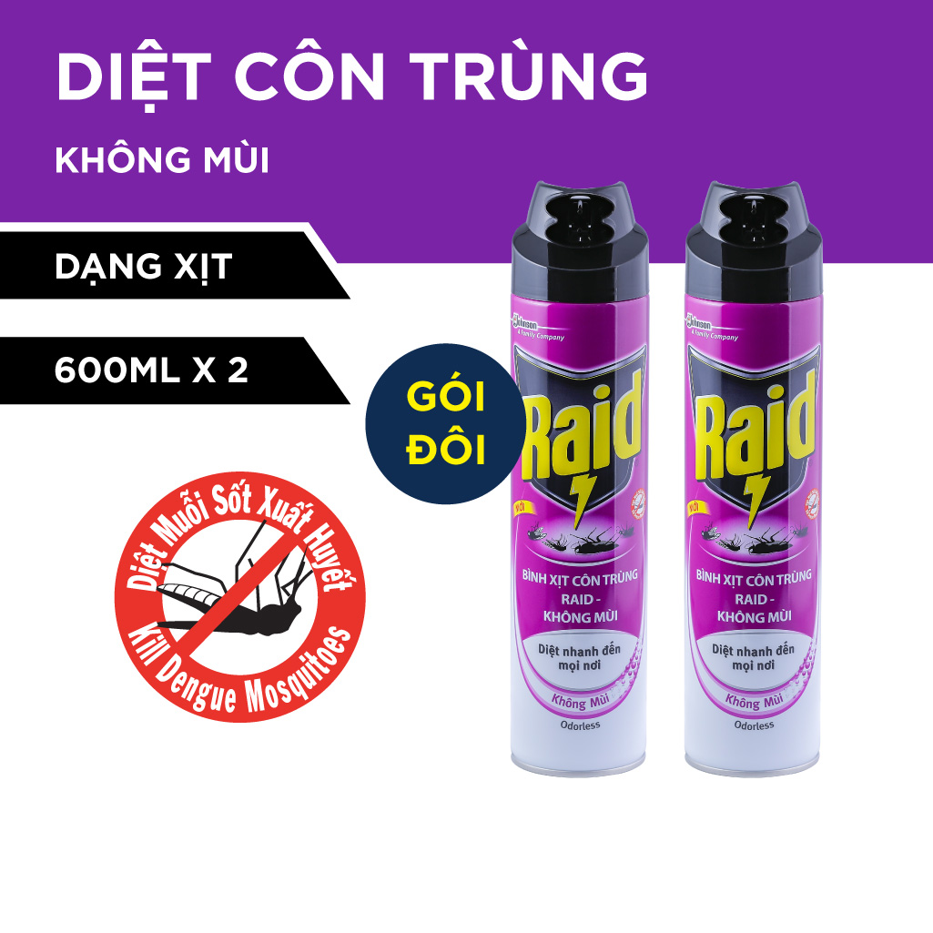 Combo 2 Bình xịt côn trùng RAID Không Mùi thoáng mát 600ml/bình