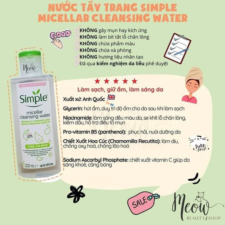 nước tẩy trang simple không cồn cho mọi loại da