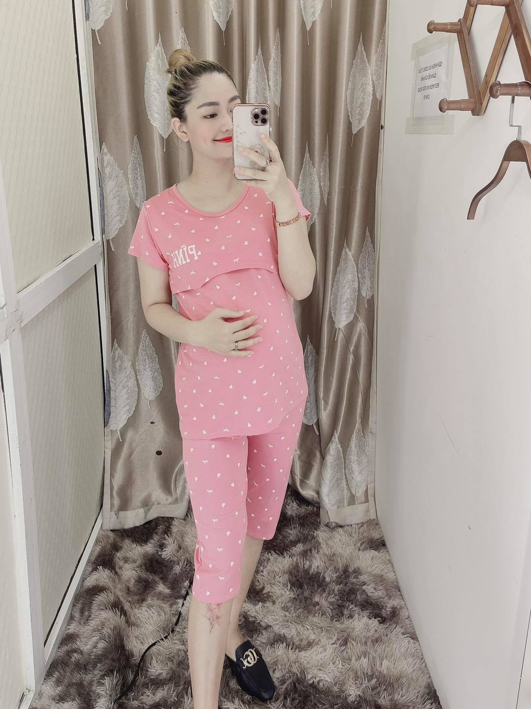Bộ Lửng Bầu Và Sau Sinh Chất Cotton Cao Cấp (Cổ tròn chữ pink)