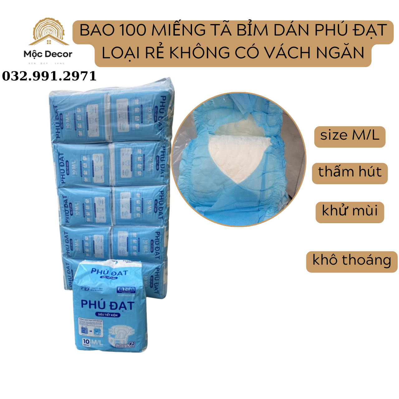 Combo 10 bịch bỉm dán người già Phú Đạt size M/L (100 miếng)