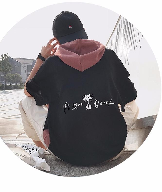 ÁO THUN TAY LỠ CÓ NÓN IN MÈO