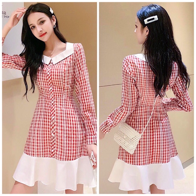 [HCM]Đầm caro đỏ phối trắng