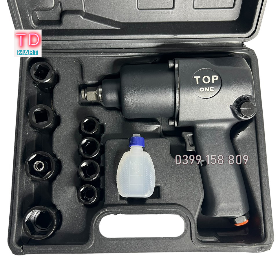 Máy Bắn Ốc Hơi - Made In Taiwan, 2 Búa Tặng kèm 8 đầu khẩu cao cấp, Khả năng xiết bulông Max: 27 mm–Lực xiết Max: 670 N.m–Tốc độ không tải: 7500 v/p–Trọng lượng: 2.7 kg. cả hộp 4.7Kg–Áp lực khí khuyên dùng: 6.2 bar