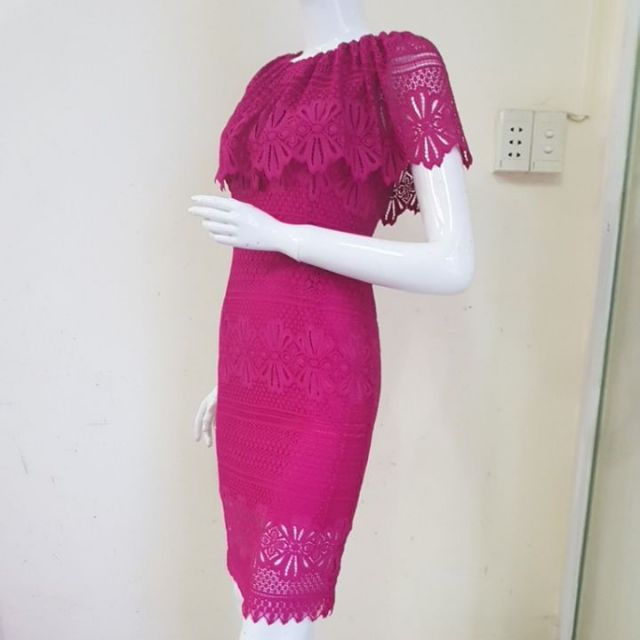 ZERASY - Đầm body phối bèo cổ màu hồng sen