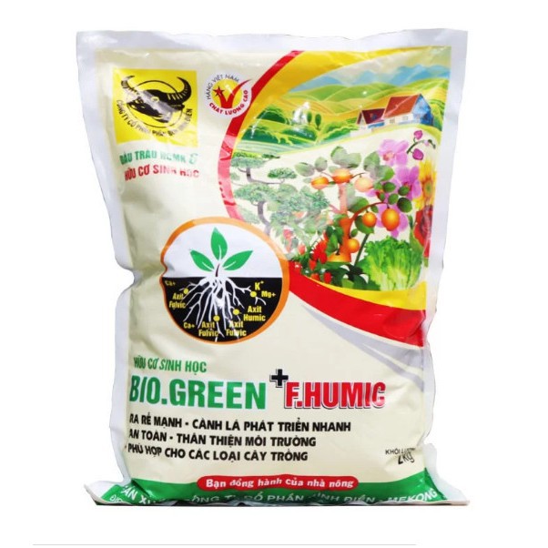 Phân hữu cơ sinh học đầu trâu BioGreen + F.Humic gói 2kg dùng cho rau củ quả hoa - Trang Flowers