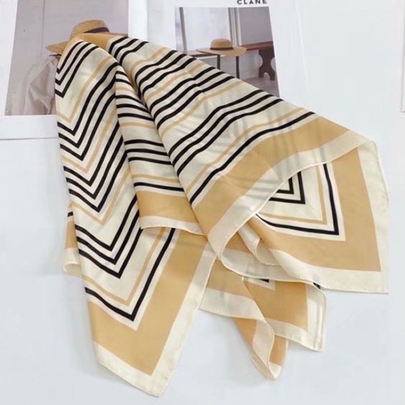 Khăn turban lụa vuông choàng cổ thanh lịch hoạ tiết sọc size 70x70cm