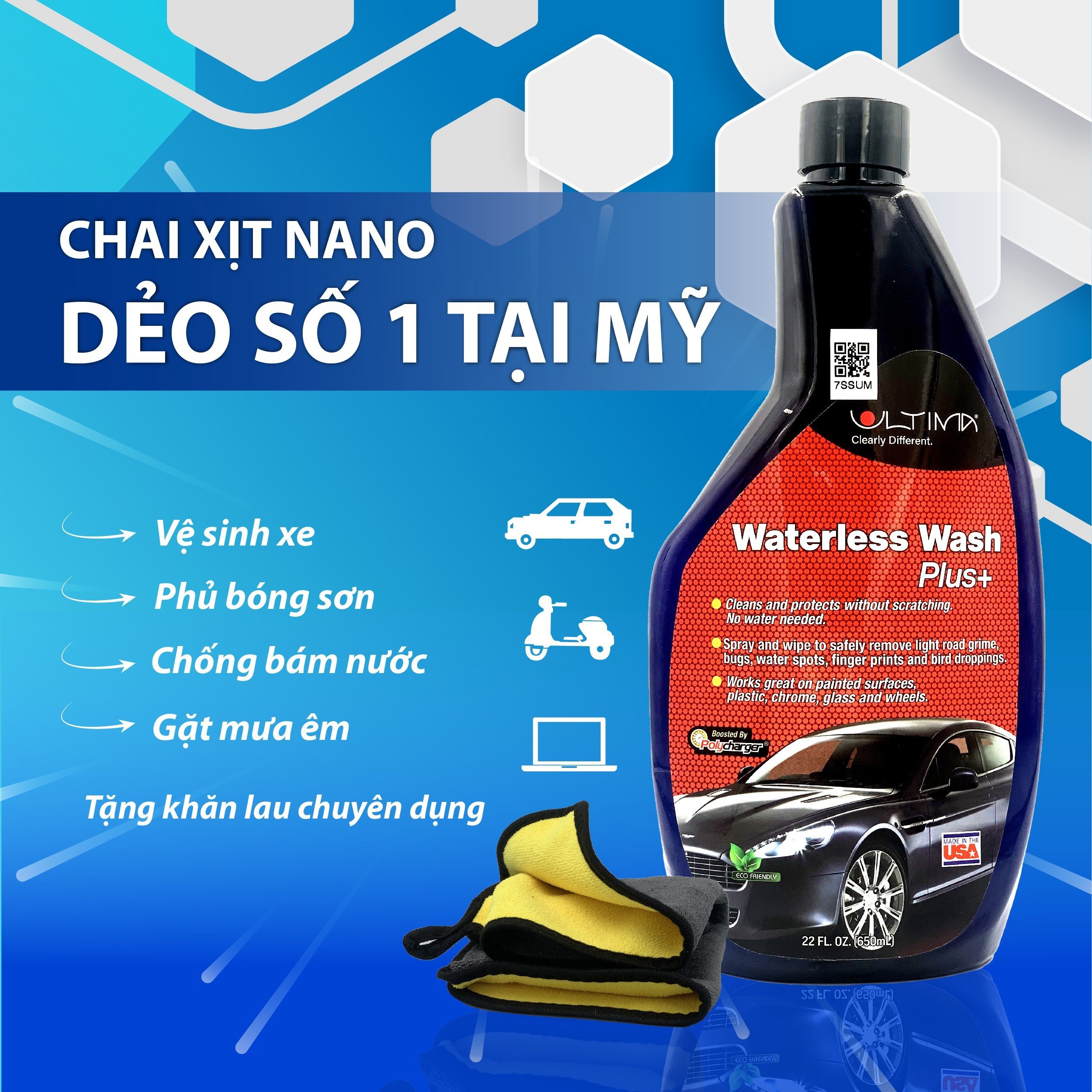 Chai xịt nano dẻo Ultima vệ sinh chống bám nước kính ô tô phủ bóng sơn xe dung tích 650ml 200ml xịt dẻo nano ultima TẶNG kèm khăn chuyên dụng