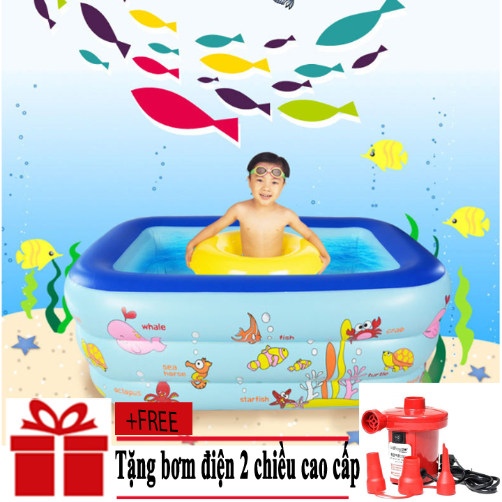 Bể bơi phao 3 tầng cho bé size to 150x110x50cm + Tặng Kèm bơm điện 2 chiều
