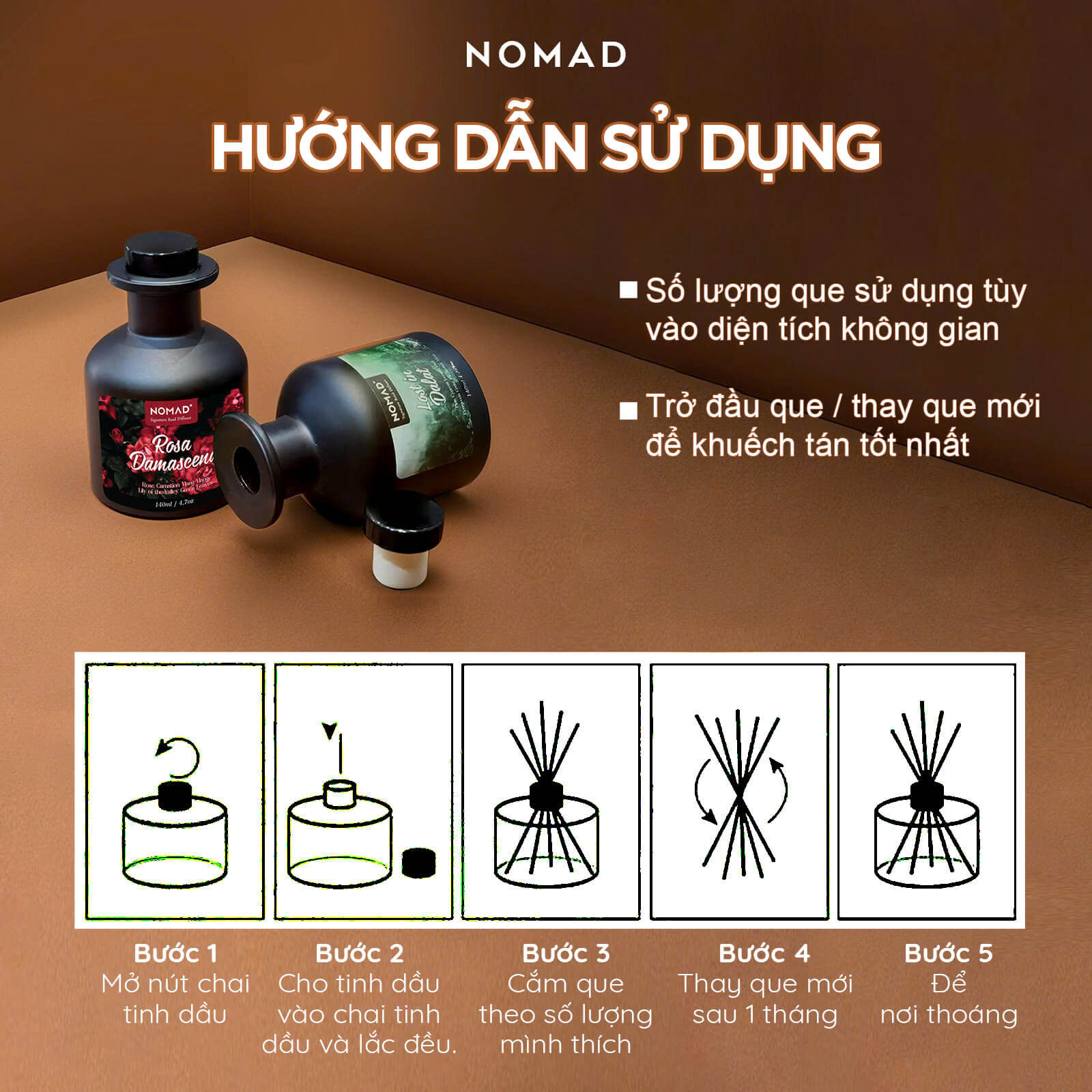 Bộ Tán Hương Que Mây Nomad Reed Diffuser 140ml - Rosa Damascena