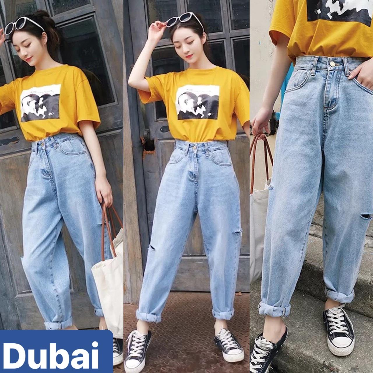 QUẦN JEAN BAGGY NỮ CHẤT BÒ XANH NHẠT RÁCH 2 BÊN NHẬT BẢN OSAKA LƯNG CAO NÂNG MÔNG DB-205 - DUBAI FASHION