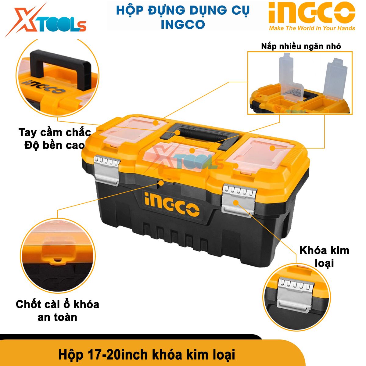 Thùng đựng đồ nghề đa năng INGCO 14-17-20 inch | hộp đồ nghề/dụng cụ 5 ngăn nhựa PP chịu lực cao, chống va đập, khóa kim loại hoặc khóa sắt