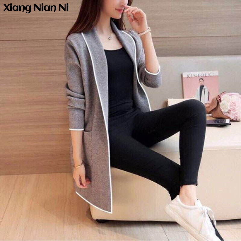 Xiang Nian Ni winter coat for women, Korean version of POLO collar long-sleeved cardigan jacket, medium-length casual large size solid color stitching sweater