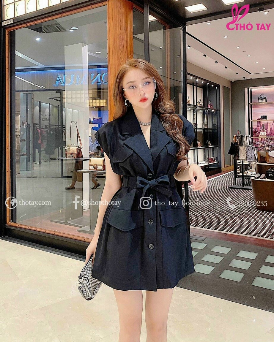 [HCM]Đầm cổ vest tay con đắp túi cột nơ eo #damcovest