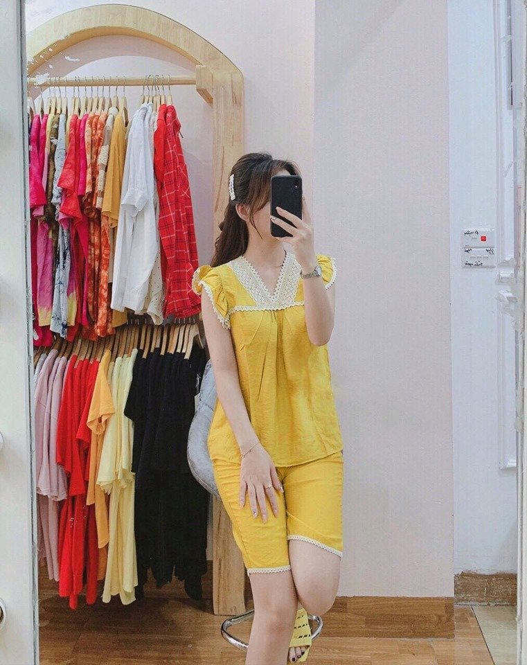 Bộ mặc nhà nữ - Bộ lửng chất đũi phối ren - SP13