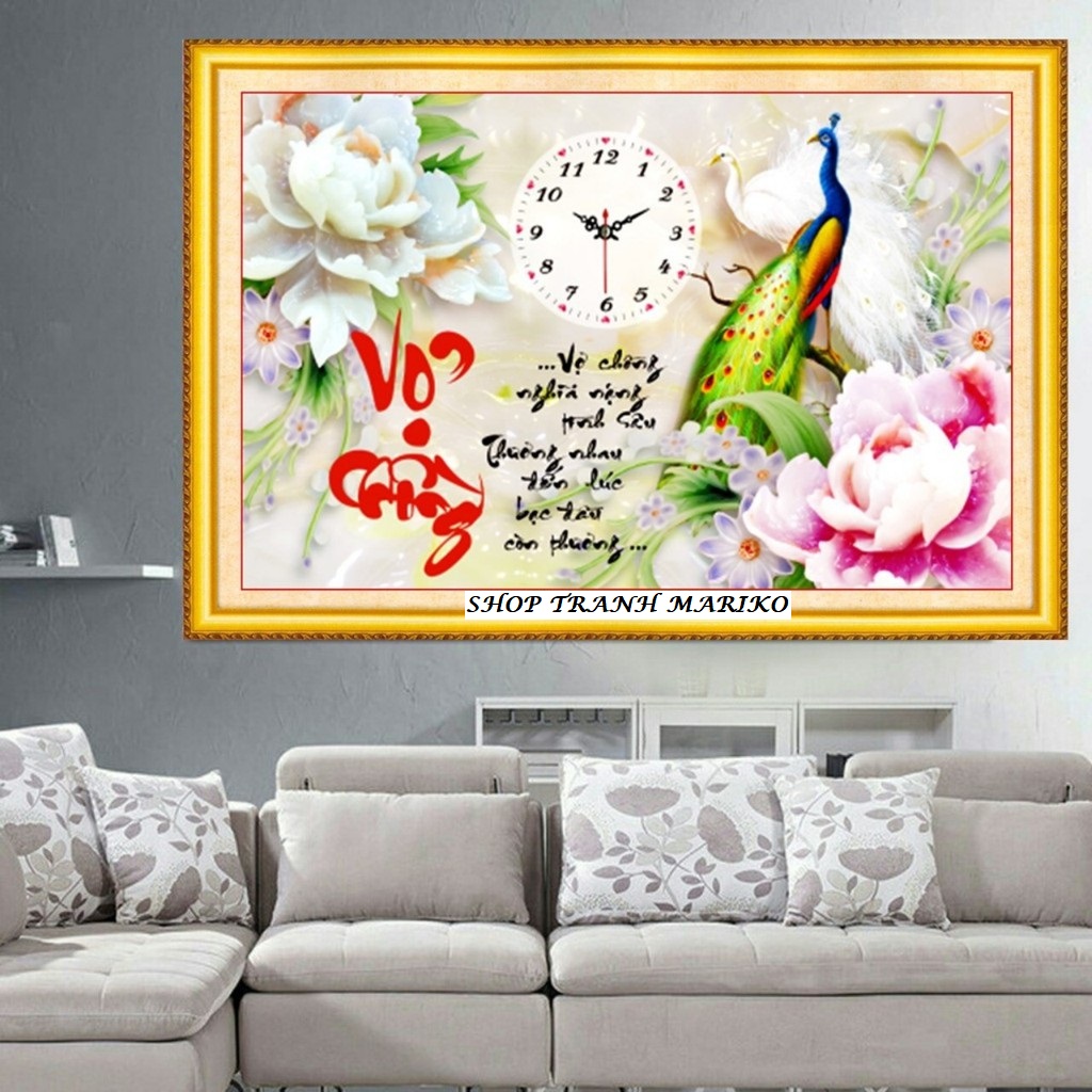 Tranh đính đá vợ chồng đồng hồ lv202 kích thước 67 x 45 cm