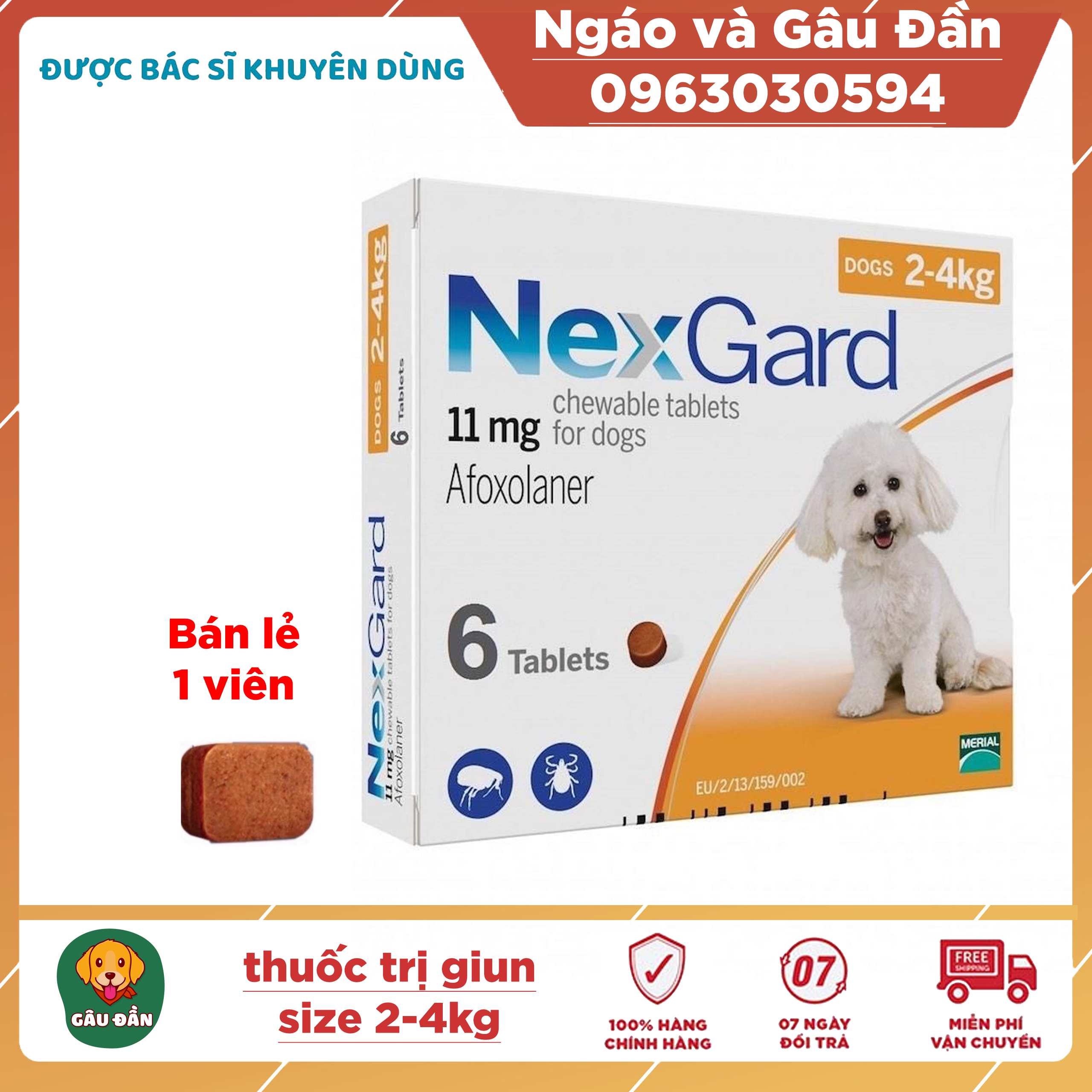 NEXGARD viên nhai ve ghẻ, bọ chét cho chó - Lẻ 1 viên (size 2-4kg. no box)