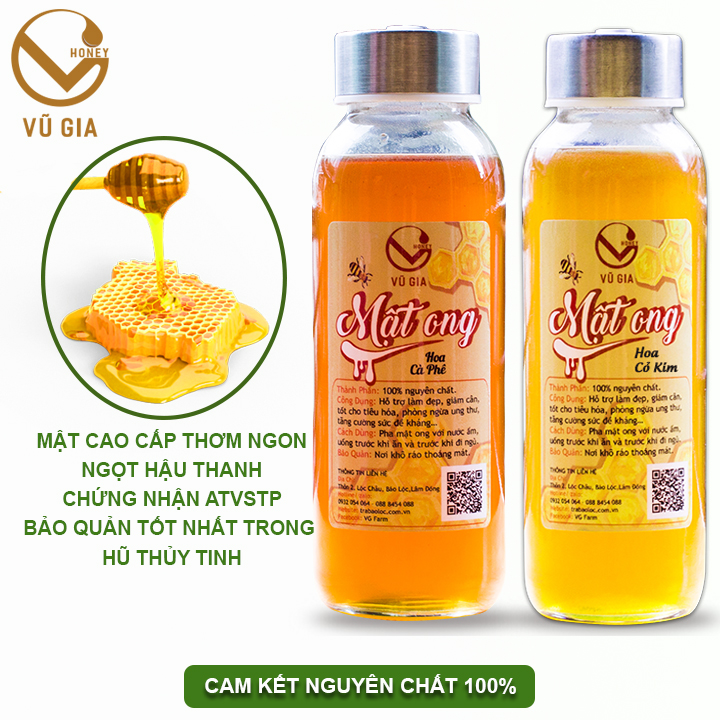 Combo Mật Ong Hoa Cà Phê + Mật Ong Hoa Cỏ Kim Nguyên Chất Vũ Gia (420gr/hũ) - Tăng cường sức đề kháng - Đã được kiểm nghiệm y tế