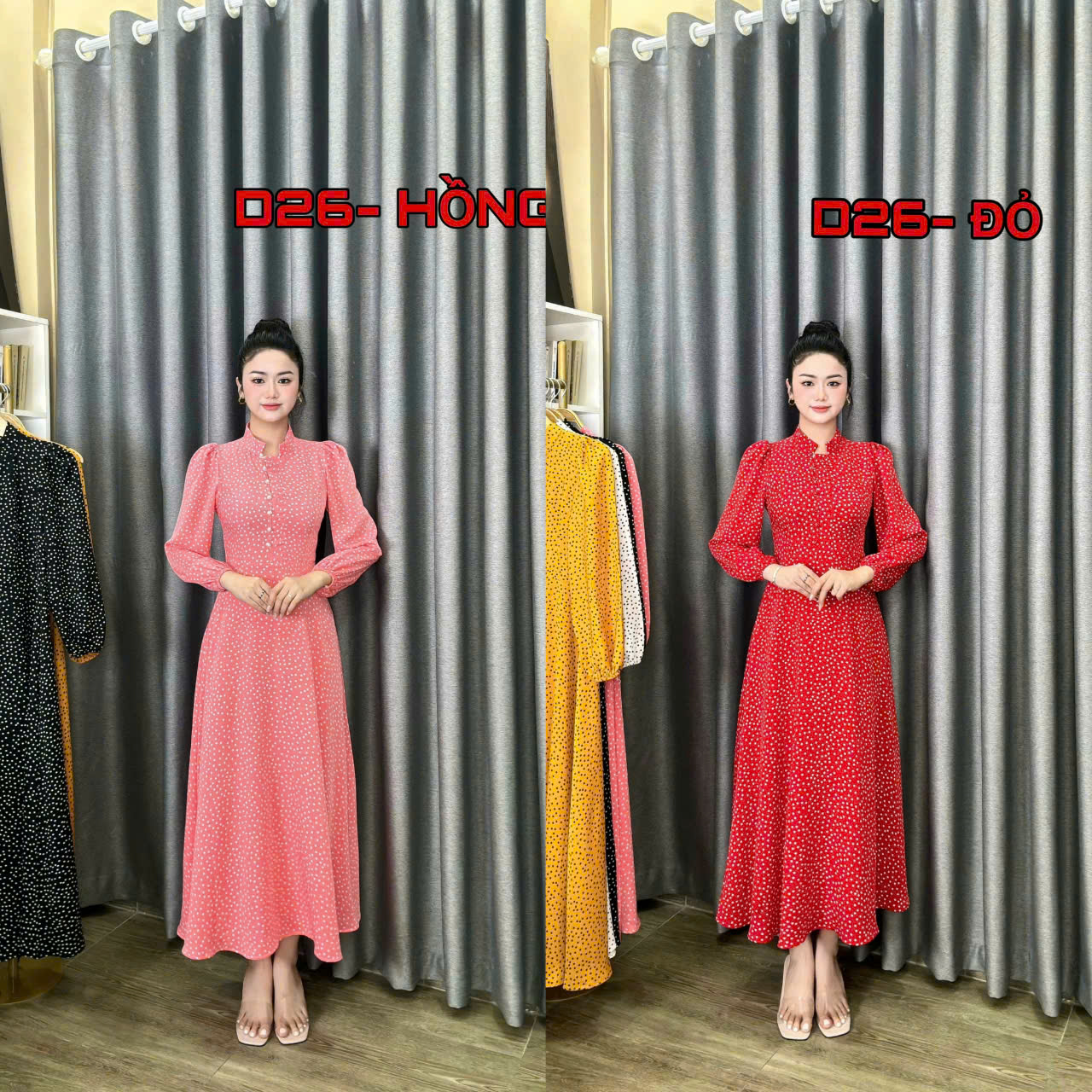 ĐẦM MAXI CHẤM BI TAY DÀI CÀI NÚT DUYÊN DÁNG