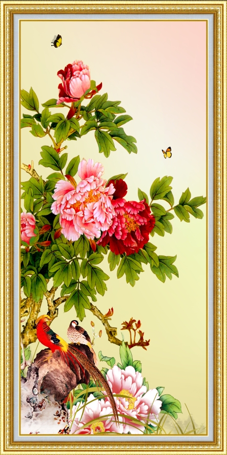 Tranh dán tường khổ dọc VTC Đôi chim trĩ bên hoa mẫu đơn UD0325K Kim sa