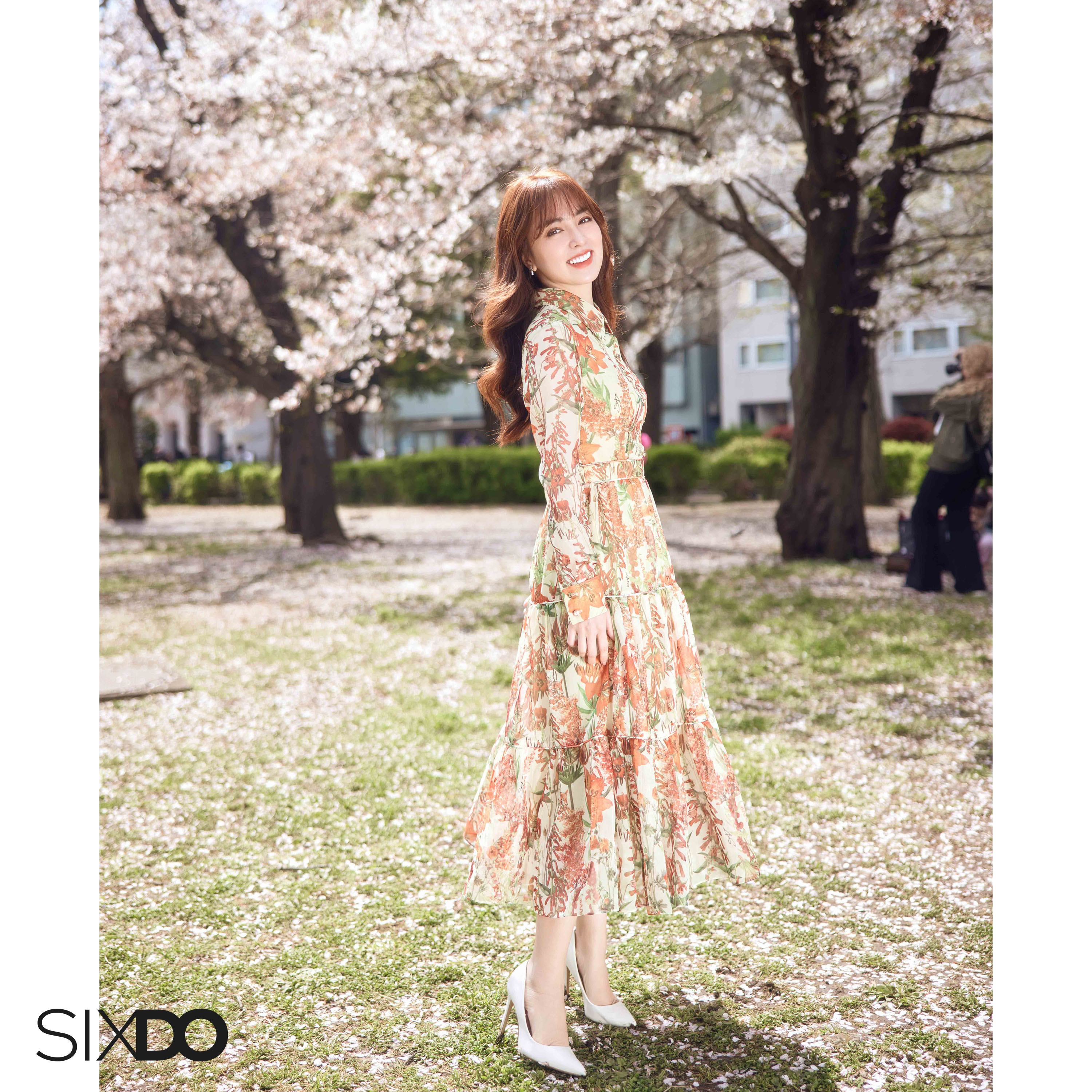 Đầm sơ mi voan hoa dài tay SIXDO (Green Nuggets Floral Midi Voile Dress)