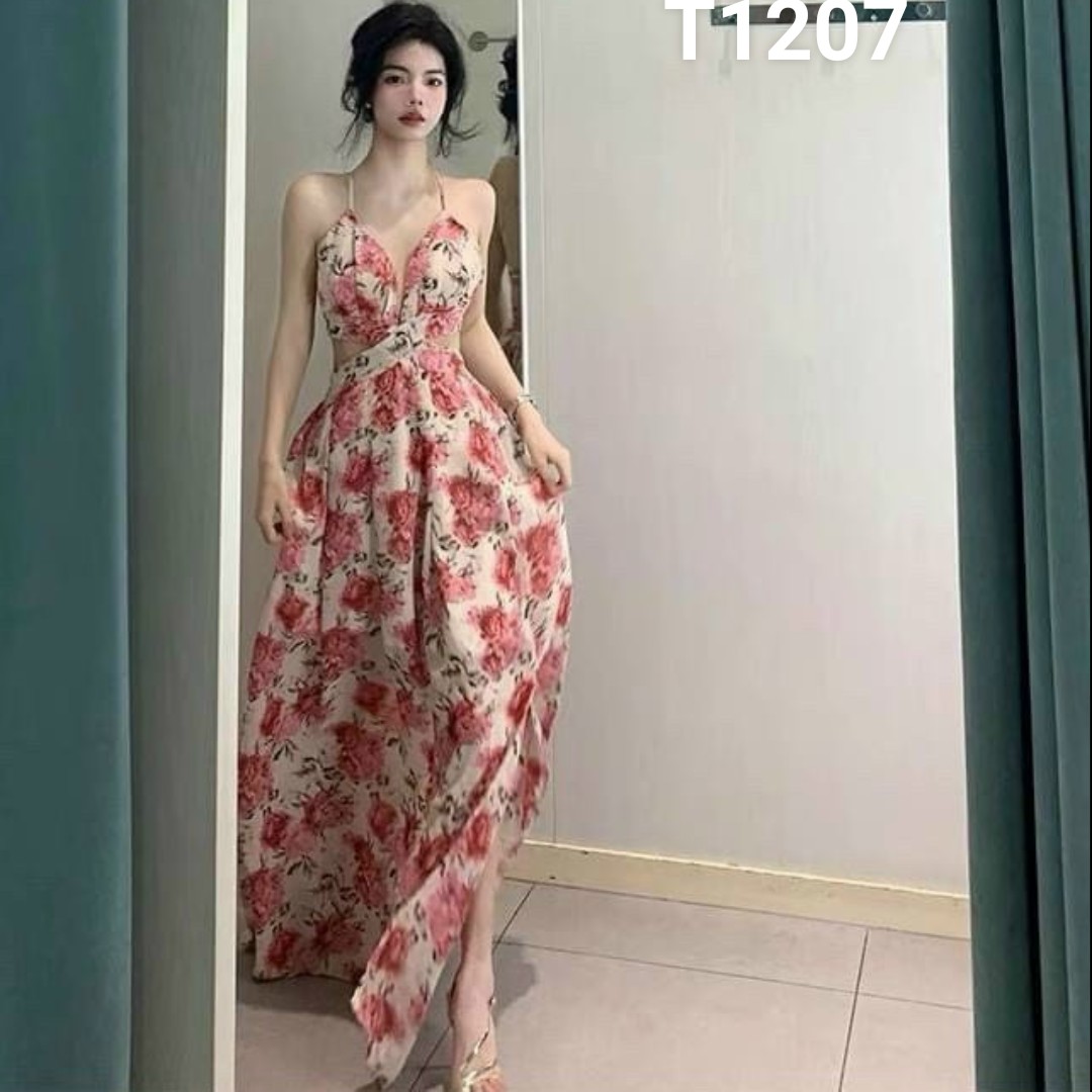 Đầm Maxi đi biển hoa hồng dáng xoè có mút ngực xẻ tà màu y hình T1207