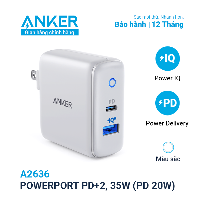 Sạc ANKER PowerPort PD+2 cổng 35w, 1 USB-C PD 20w, 1 PowerIQ 2.0 15w - A2636