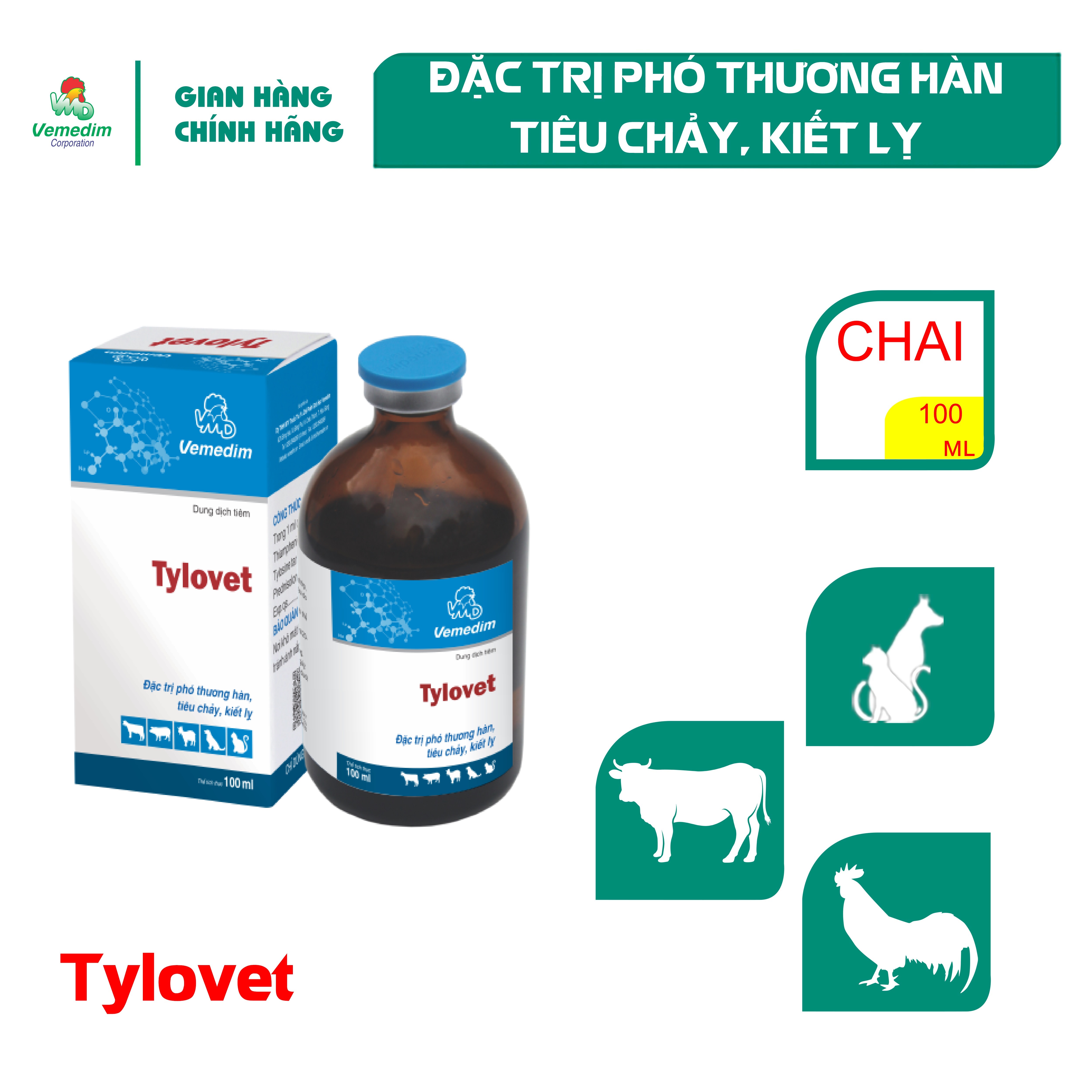 "Hoàn tiền đến 10%" Vemedim Tylovet dùng tiêm bắp phòng tiêu chảy cho chó, mèo, chai 100ml
