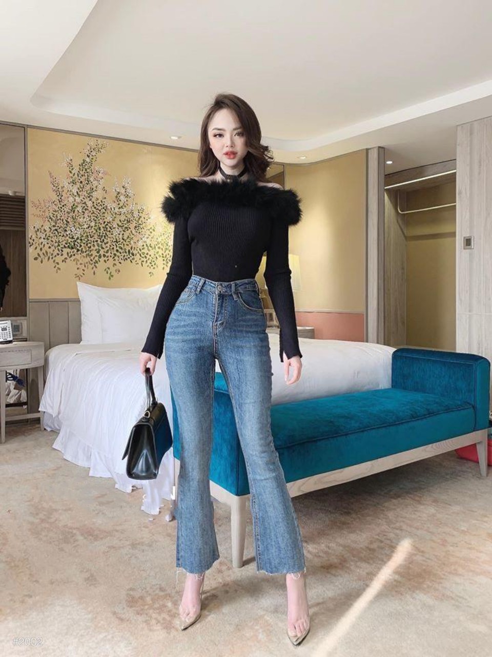 Quần jean nữ ỐNG LOE MÀU XANH 963 chất giãn siêu đẹp ( TÚI XÉO ) OL-3-26