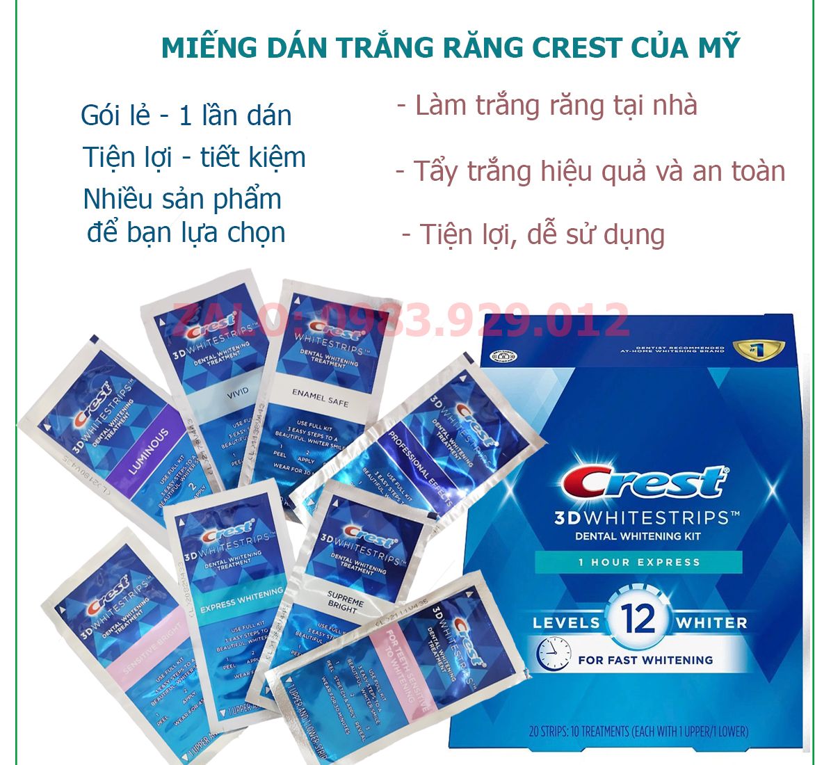 Miếng dán trắng răng Crest 3D White Professional Effects, 1 hour Express, Supreme Bright, Sensitive Bright, Vivid