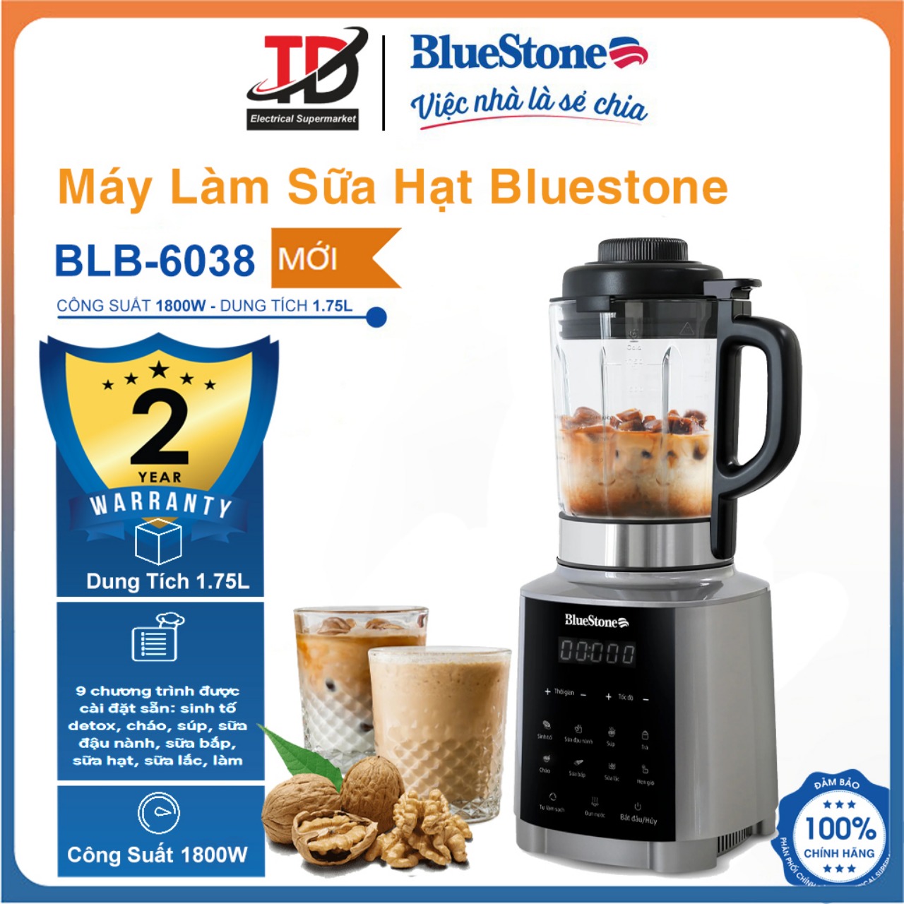 Máy làm sữa hạt bluestone blb-6038, mâm nhiệt chống dính ceramic,1800w -1,75lit, hàng chính hãng