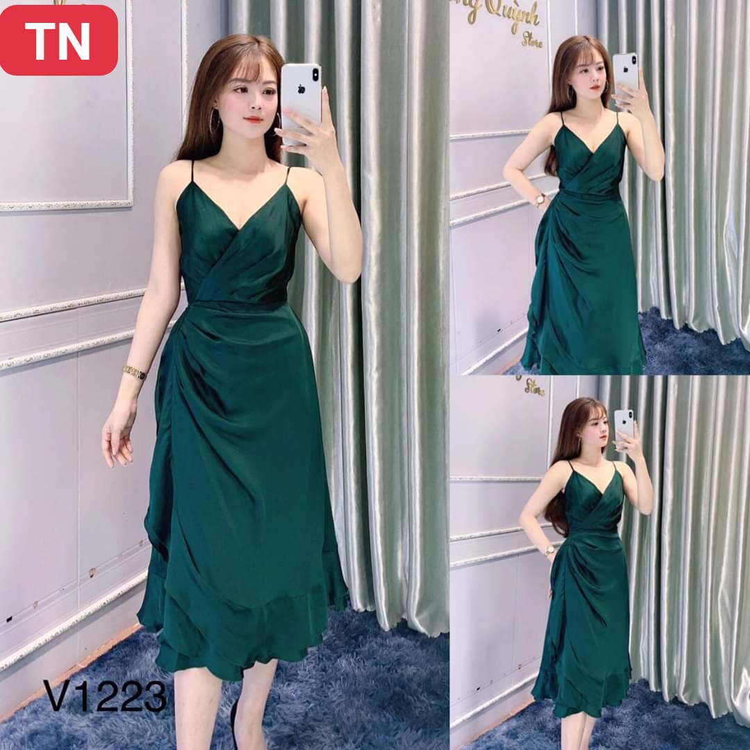 Đầm 2 dây lụa nhún sườn-QH