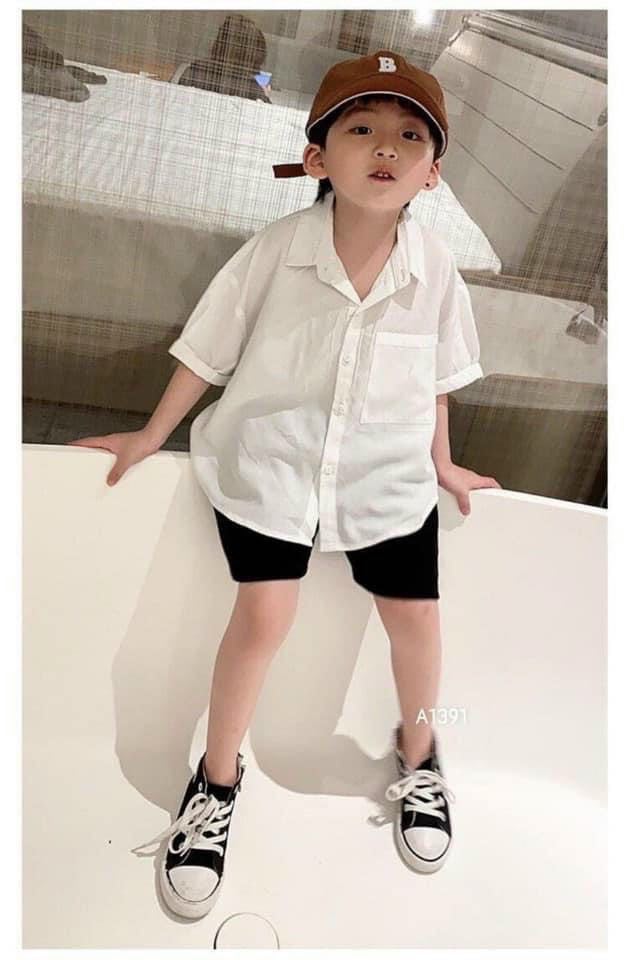 Sét bộ áo sơ mi trắng / sọc caro và quần đũi cho bé trai/ gái 7-18kg