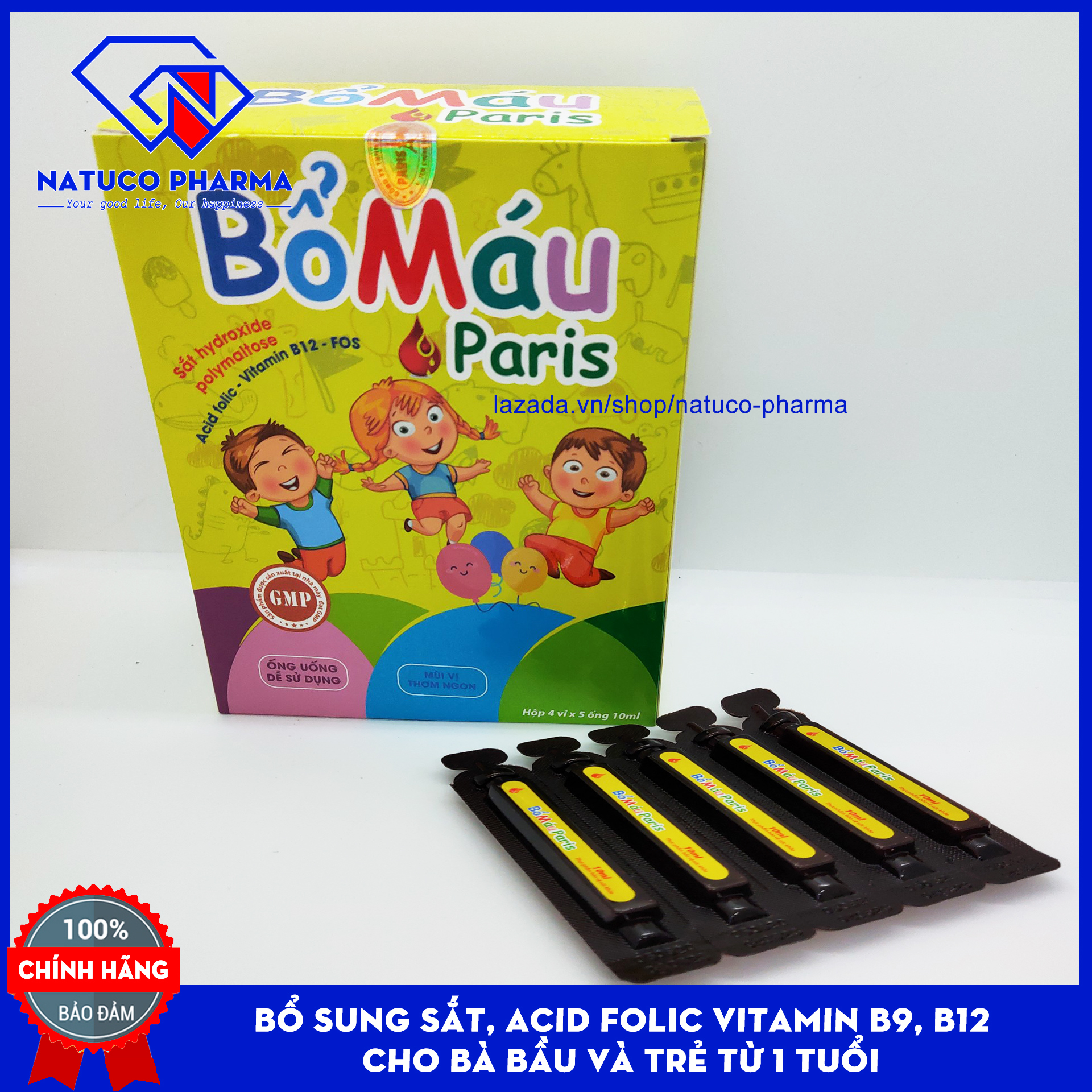 Siro Bổ máu Paris cho bà bầu và trẻ từ 1 tuổi  - Bổ sung sắt, Acid Folic Vitamin B9, B12 - Dạng siro an toàn, dễ uống - Hộp 20 ống 10ml- Chuẩn GMP Bộ Y tế