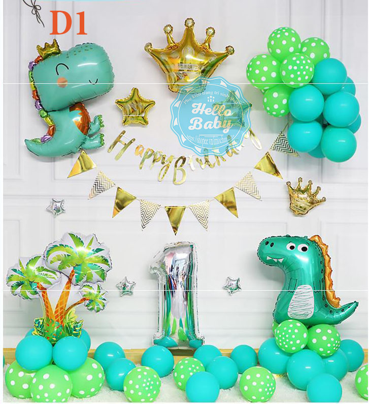 Set bóng trang trí sinh nhật chủ đề khủng long cho bé (Bơm + Băng Keo)
