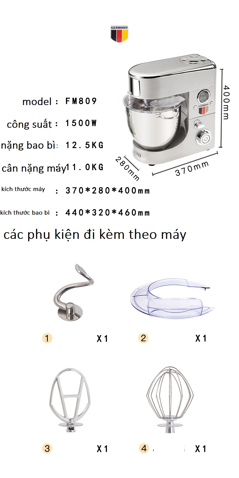 Máy trộn bột ,đánh bột,nhào bột ,đánh trứng kem  7L KITCHENLOVE FM809 1500W