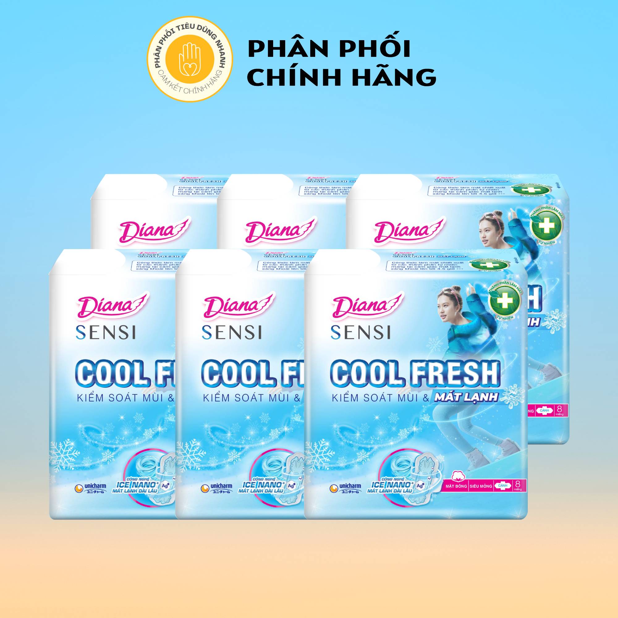 Bịch 6 gói băng vệ sinh diana sensi cool fresh kiểm soát mùi & mát lạnh có cánh 8 miếng/gói