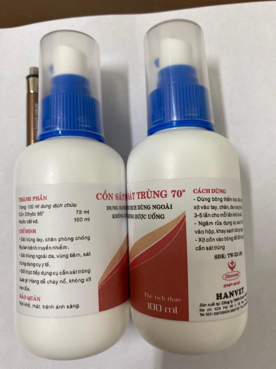 Combo 3 Chai xịt cồn sát trùng Hanvet 70 độ - lọ 100ml (phòng chống virut Corona)
